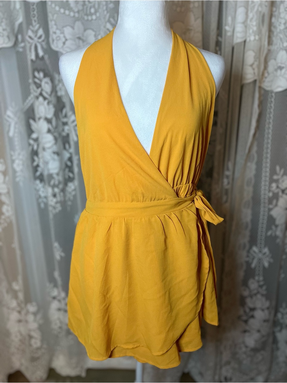 Fashion Nova Mustard Yellow Halter Wrap Romper NWT Plus Size